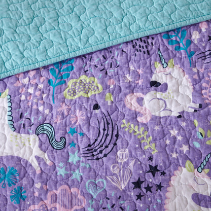 Intelligent Design Kids Ella Unicorn Reversible Cotton Quilt Set with Throw Pillows