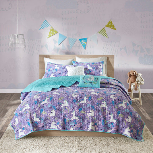 Intelligent Design Kids Ella Unicorn Reversible Cotton Quilt Set with Throw Pillows
