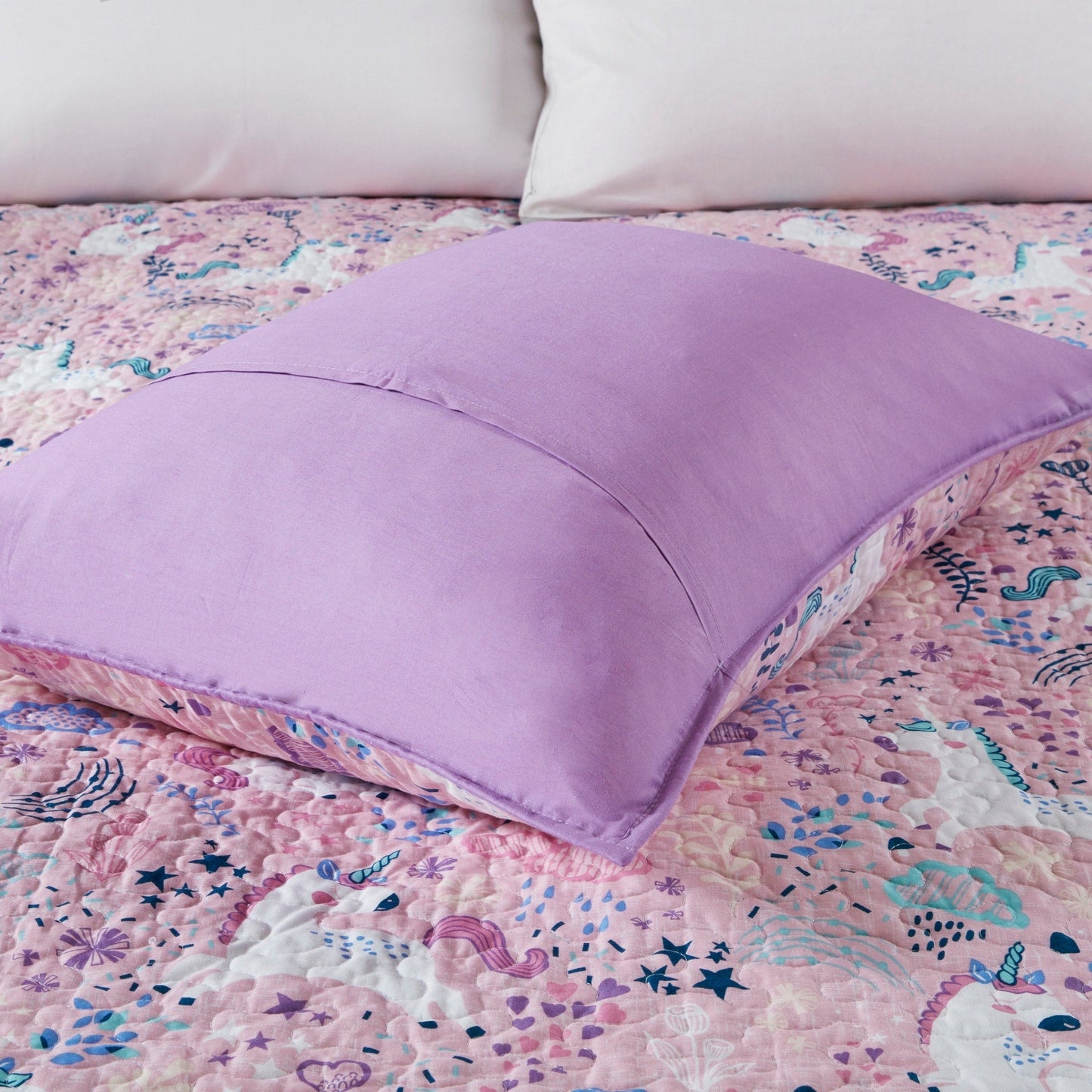 Intelligent Design Kids Ella Unicorn Reversible Cotton Quilt Set with Throw Pillows