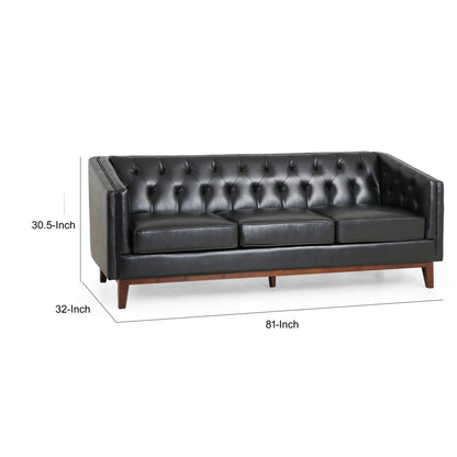Vella Sofa, Pull Point Style Back, 81 Inch, Tufted Black Faux Leather