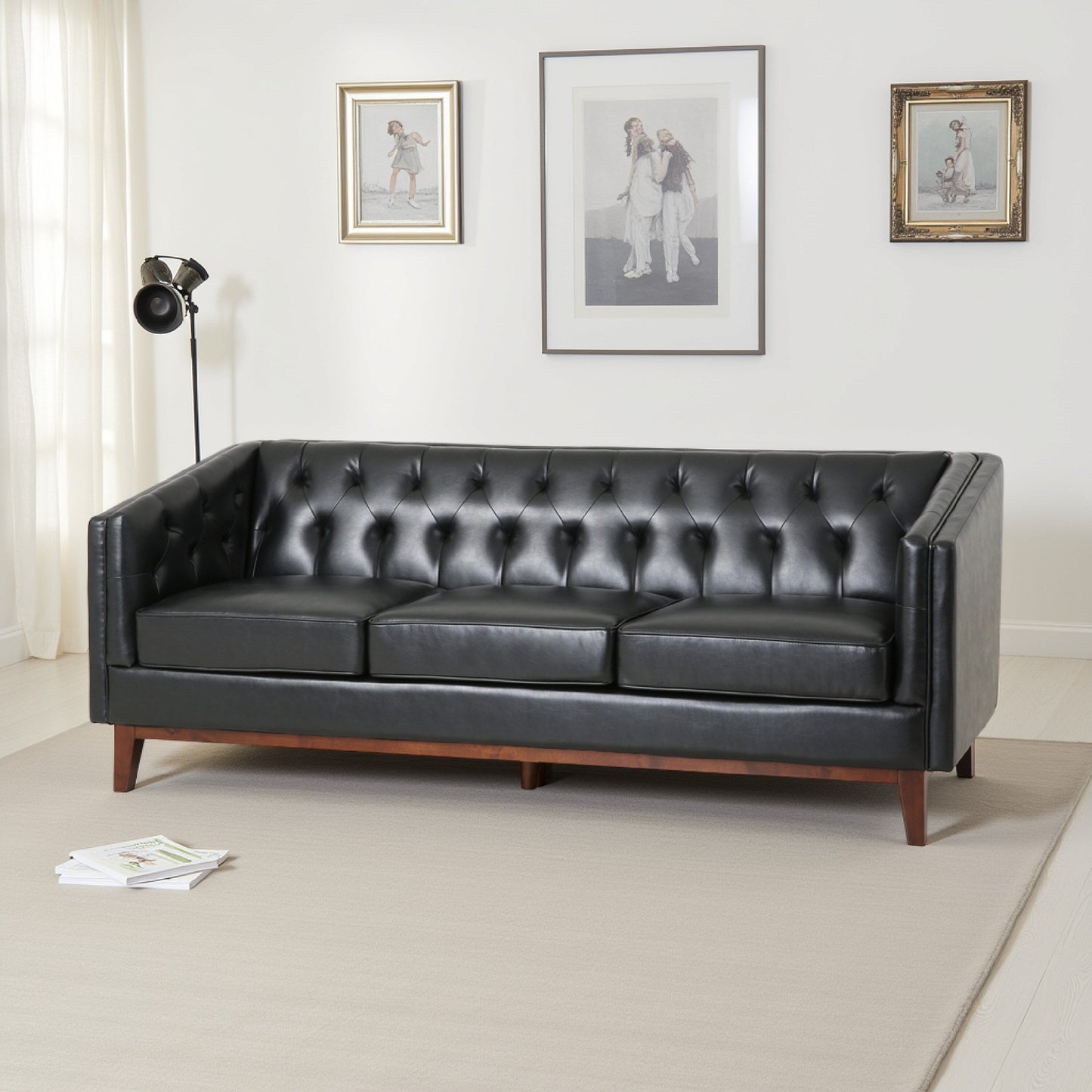 Vella Sofa, Pull Point Style Back, 81 Inch, Tufted Black Faux Leather