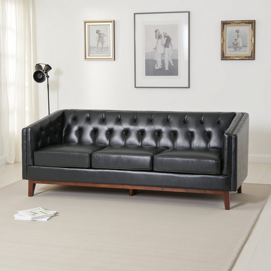 Vella Sofa, Pull Point Style Back, 81 Inch, Tufted Black Faux Leather
