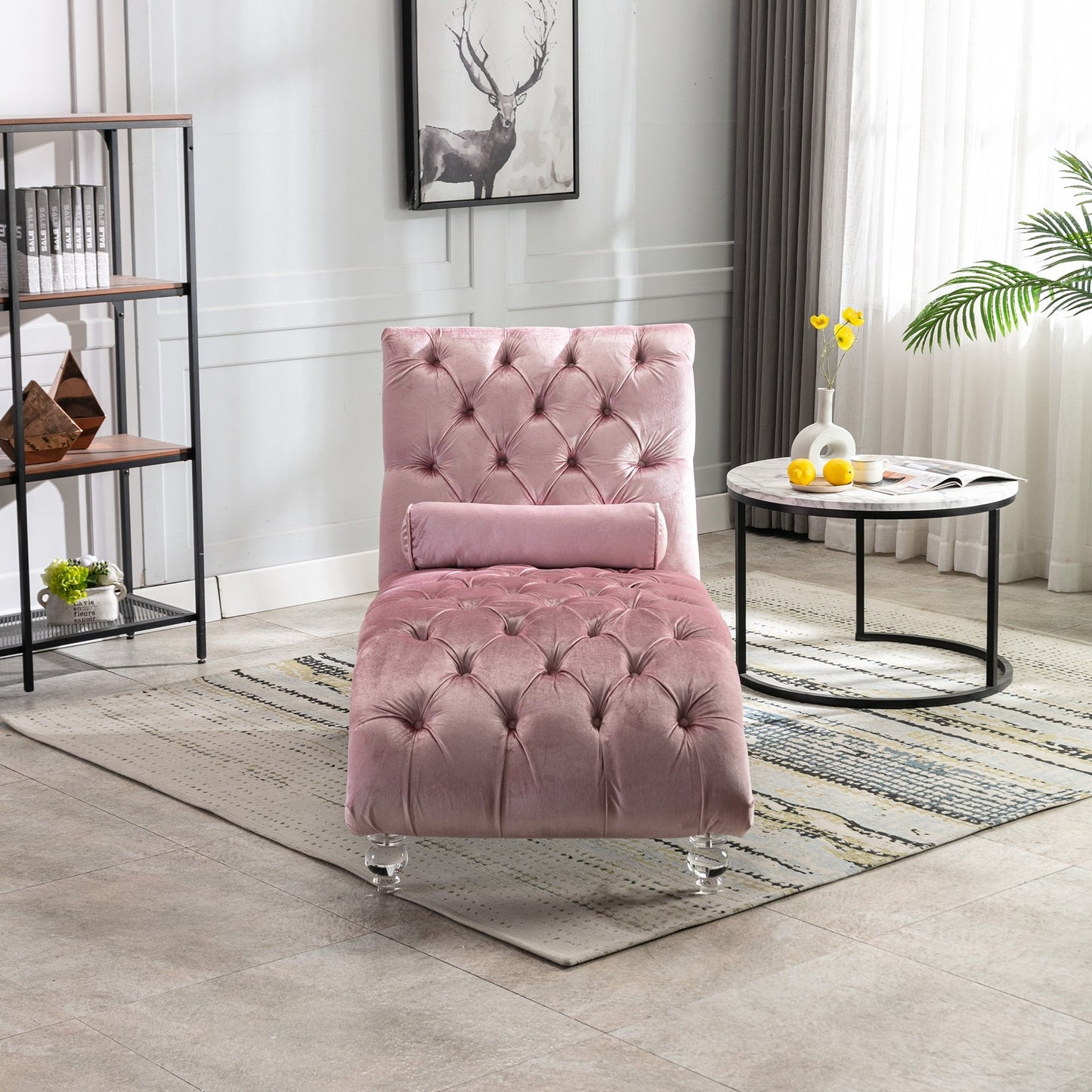 Velvet Chaise Lounge Indoor,Button-Tufted Upholstered Chaise Lounge Chair with Pillow for Bedroom Living Room Office