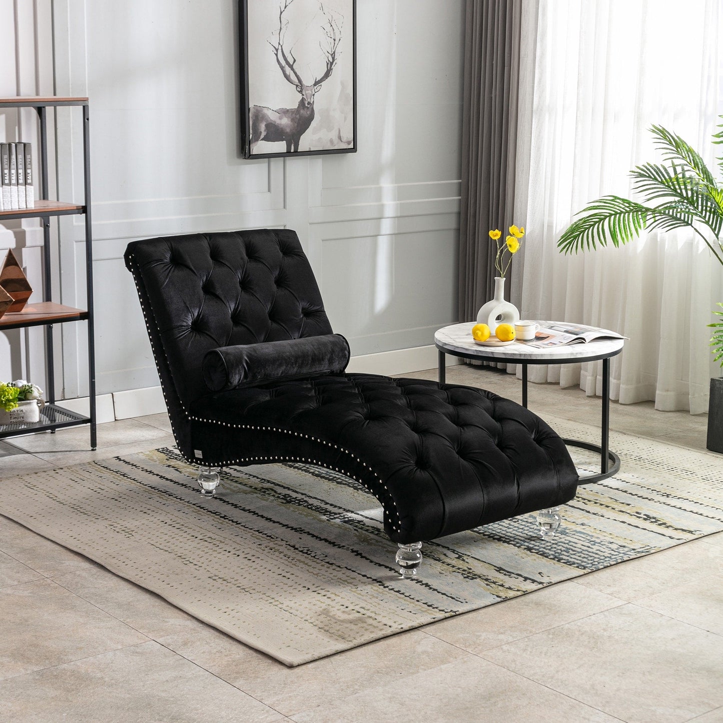Velvet Chaise Lounge Indoor,Button-Tufted Upholstered Chaise Lounge Chair with Pillow for Bedroom Living Room Office