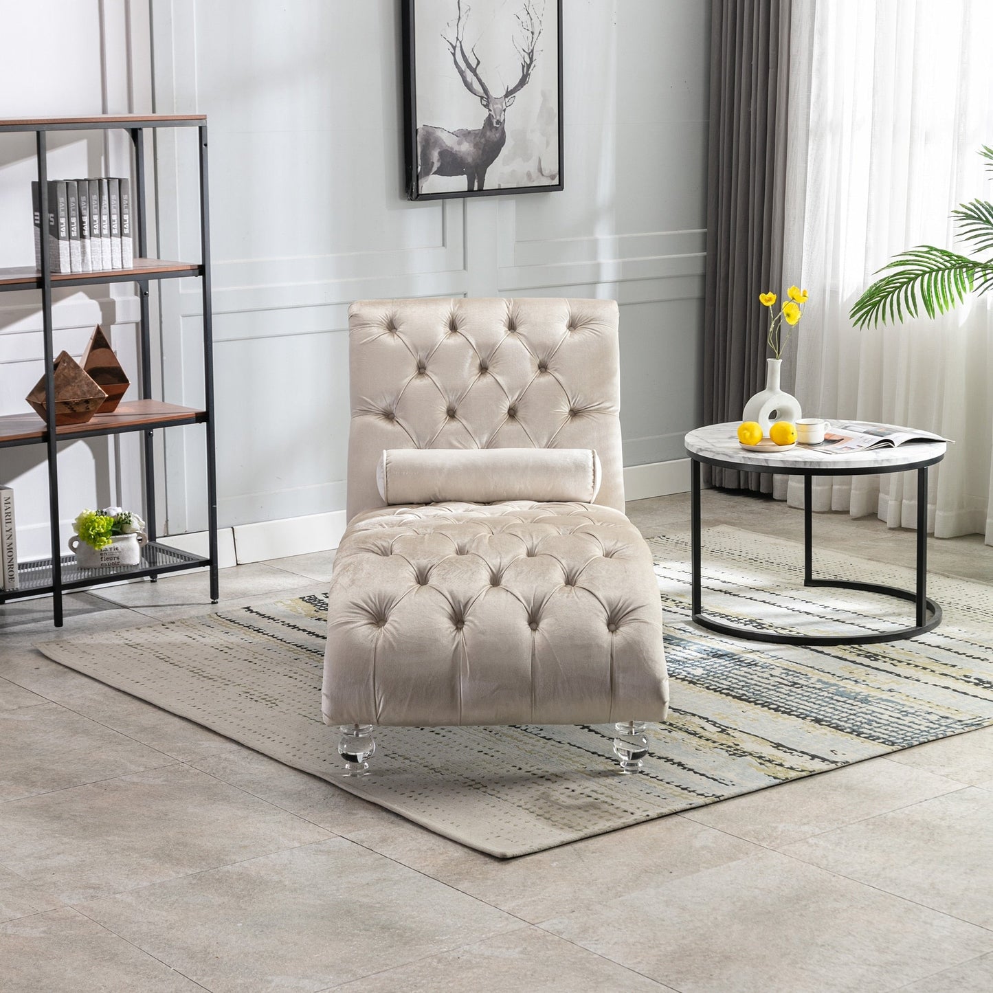 Velvet Chaise Lounge Indoor,Button-Tufted Upholstered Chaise Lounge Chair with Pillow for Bedroom Living Room Office