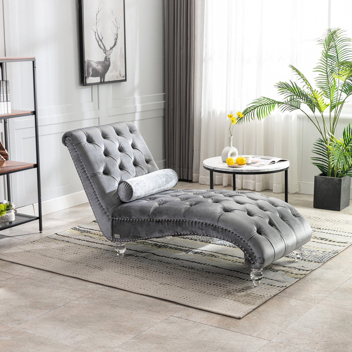 Velvet Chaise Lounge Indoor,Button-Tufted Upholstered Chaise Lounge Chair with Pillow for Bedroom Living Room Office