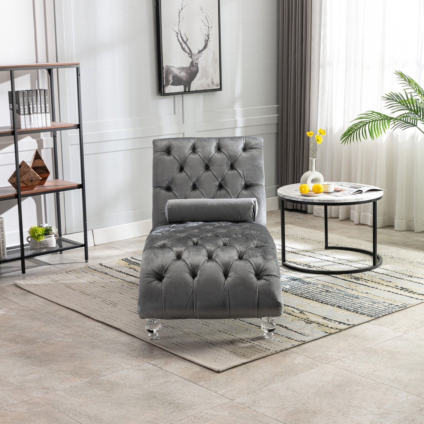 Velvet Chaise Lounge Indoor,Button-Tufted Upholstered Chaise Lounge Chair with Pillow for Bedroom Living Room Office