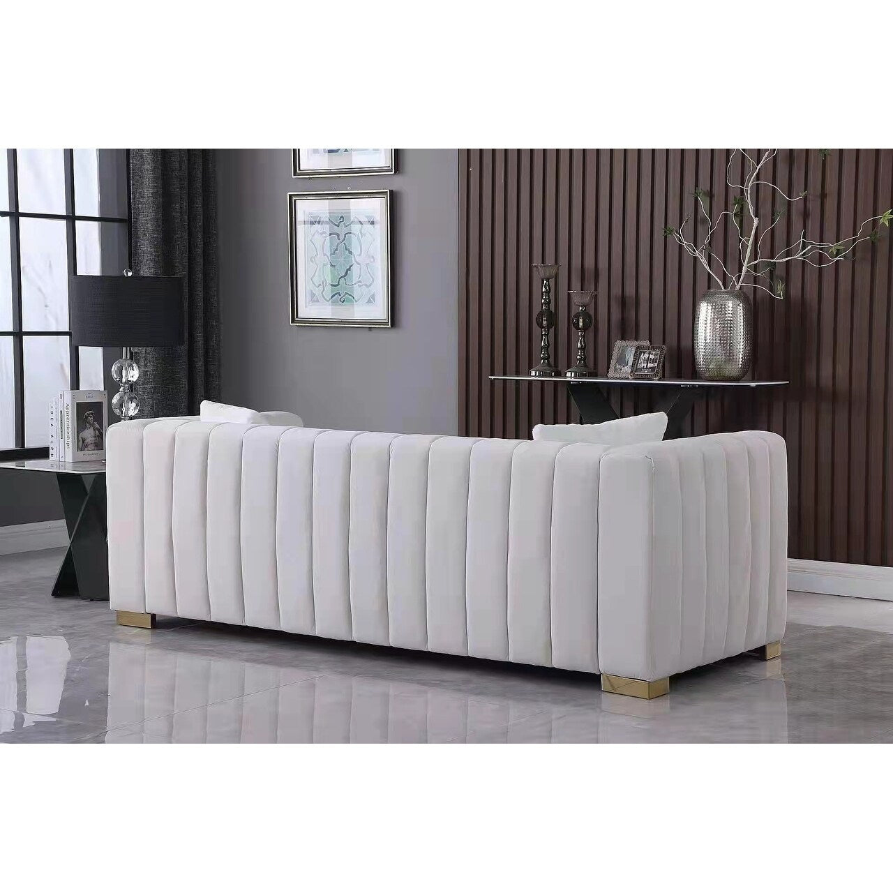 Velvet Channel Tufted 3-seater Sofa with Pillows
