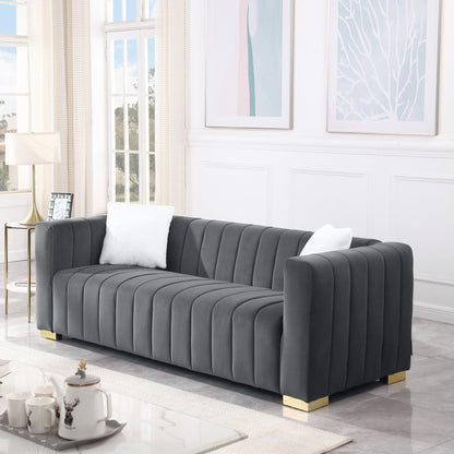 Velvet Channel Tufted 3-seater Sofa with Pillows