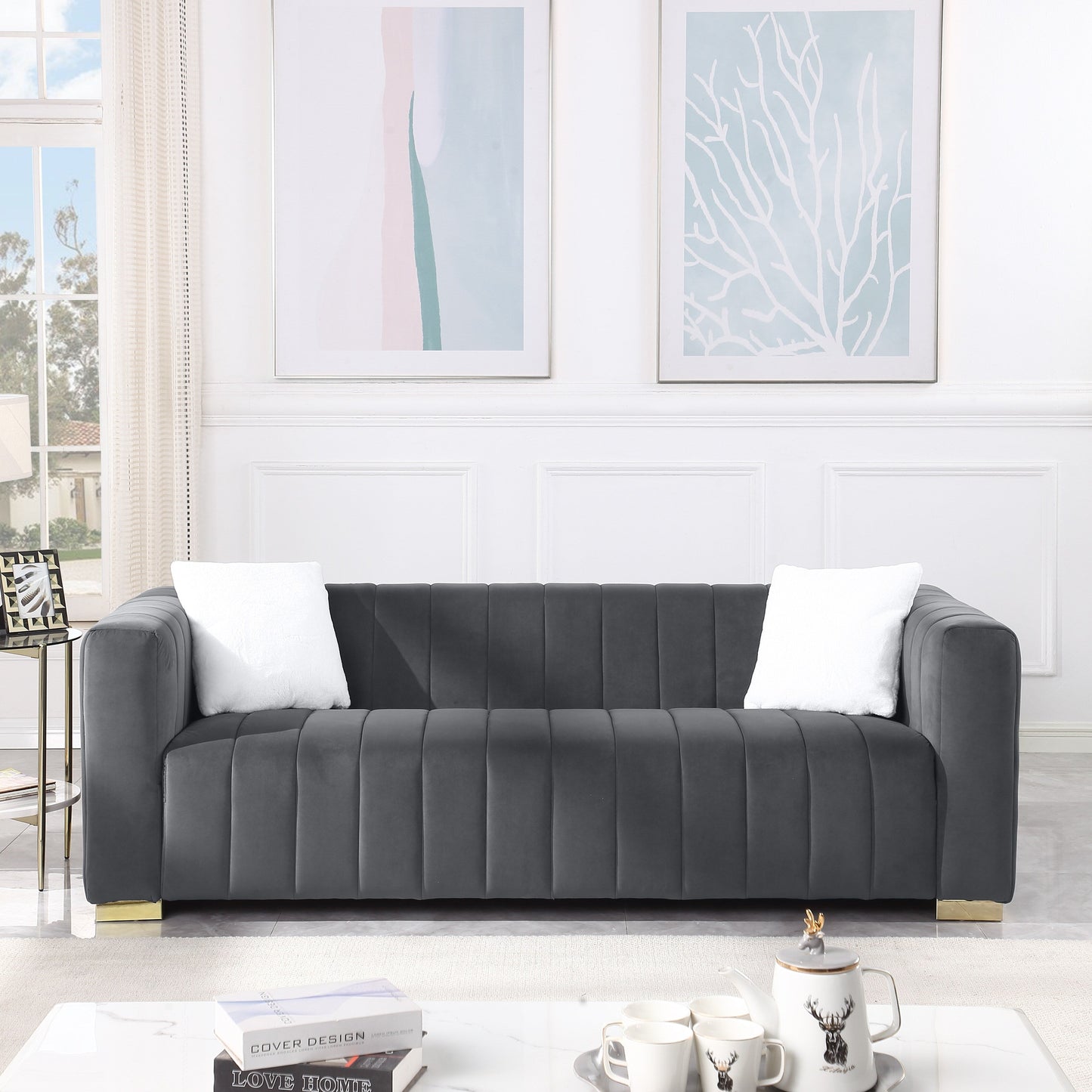 Velvet Channel Tufted 3-seater Sofa with Pillows