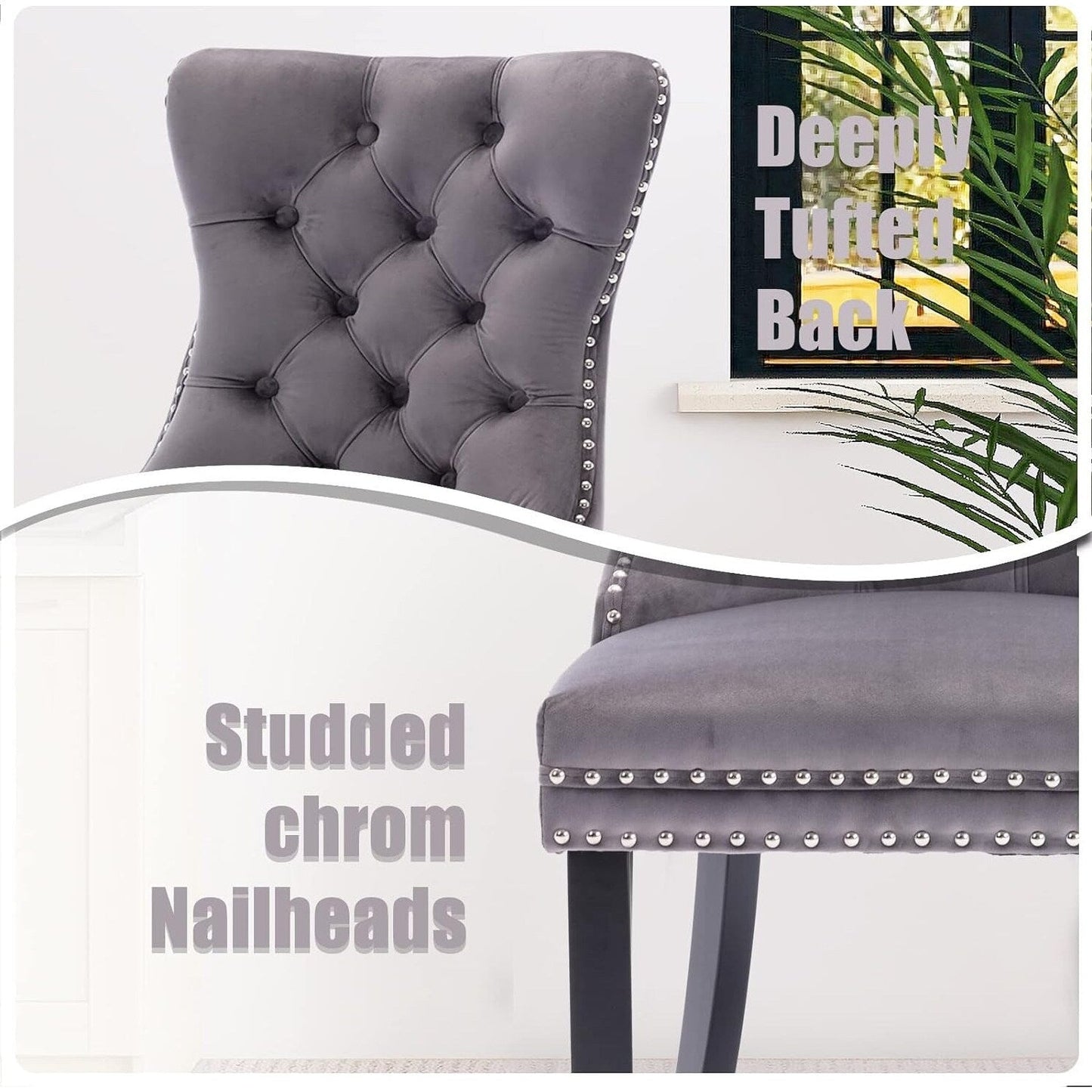 Velvet Dining Chairs Set of 2, Tufted Dining Chairs with Nailhead Back and Ring Pull Trim - 25.5×19.7×37.4inch