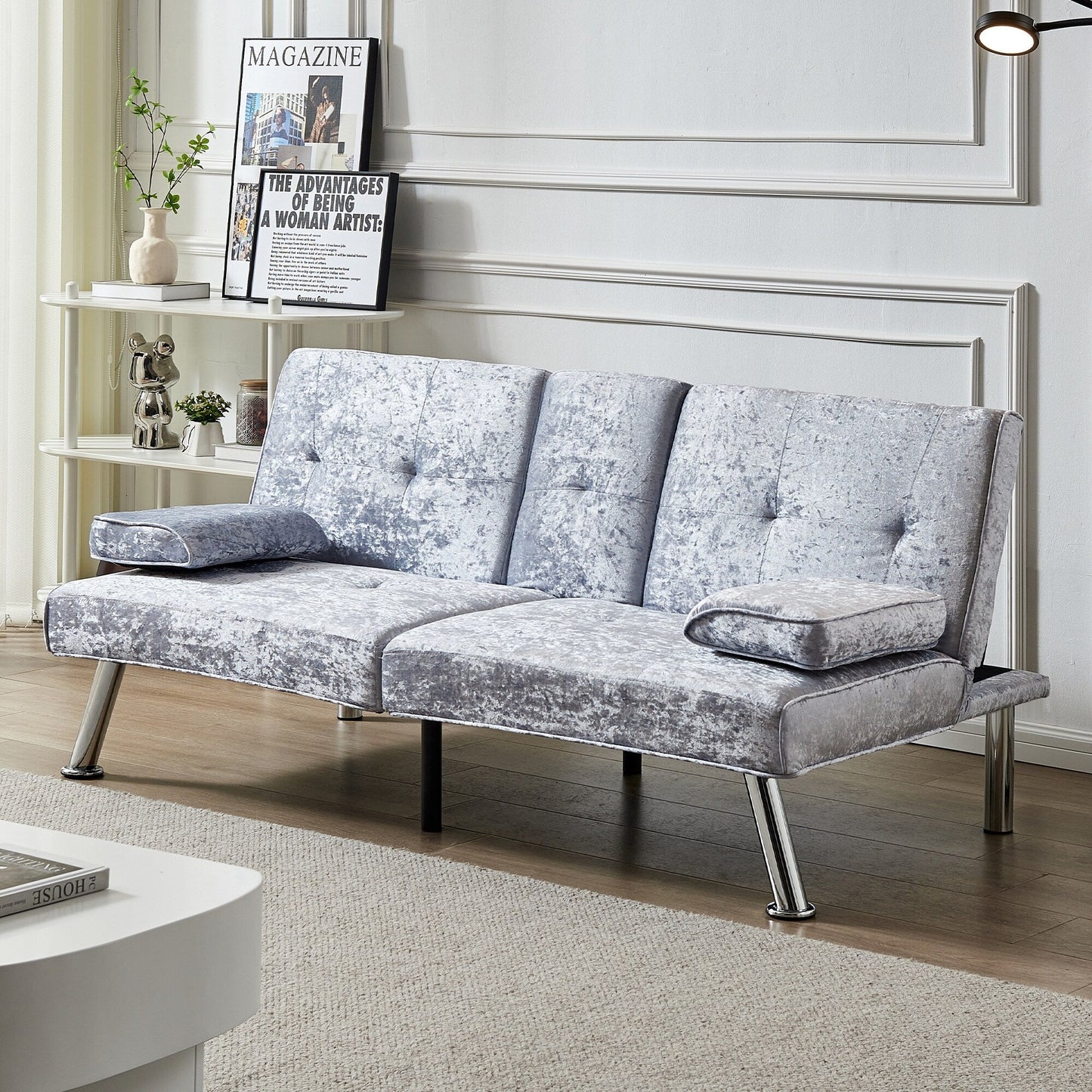 Velvet Futon Loveseat Sofa Bed with Cup Holders