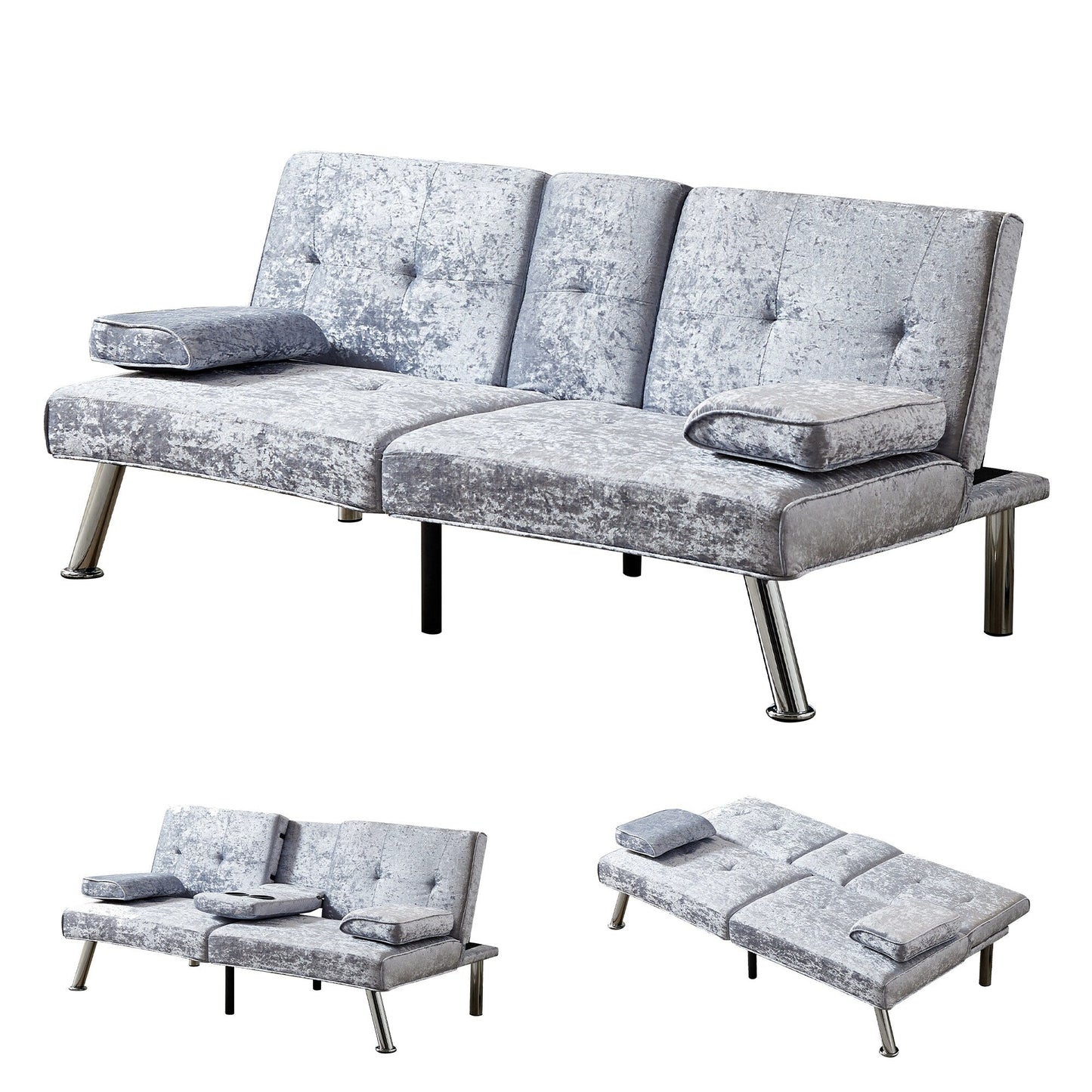 Velvet Futon Loveseat Sofa Bed with Cup Holders