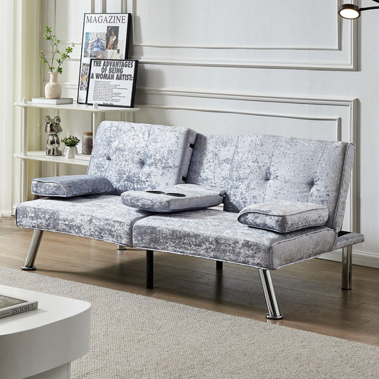 Velvet Futon Loveseat Sofa Bed with Cup Holders