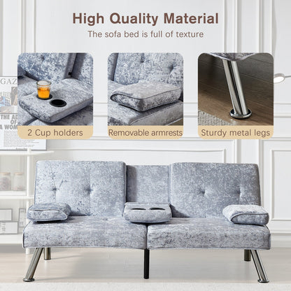 Velvet Futon Loveseat Sofa Bed with Cup Holders