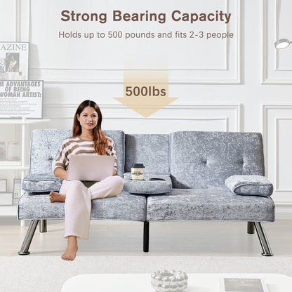 Velvet Futon Loveseat Sofa Bed with Cup Holders