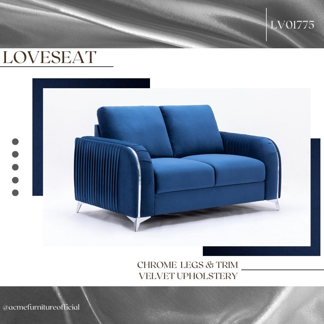 Velvet Loveseat Sofa with Vertical Pleating and Chrome Legs