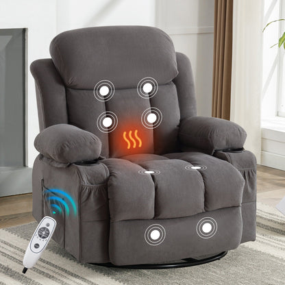 Velvet Massage Heated Sofa with USB and 2 cup Holders, 360° Swivel Chair with Side Pockets and Bread Shaped Armrest