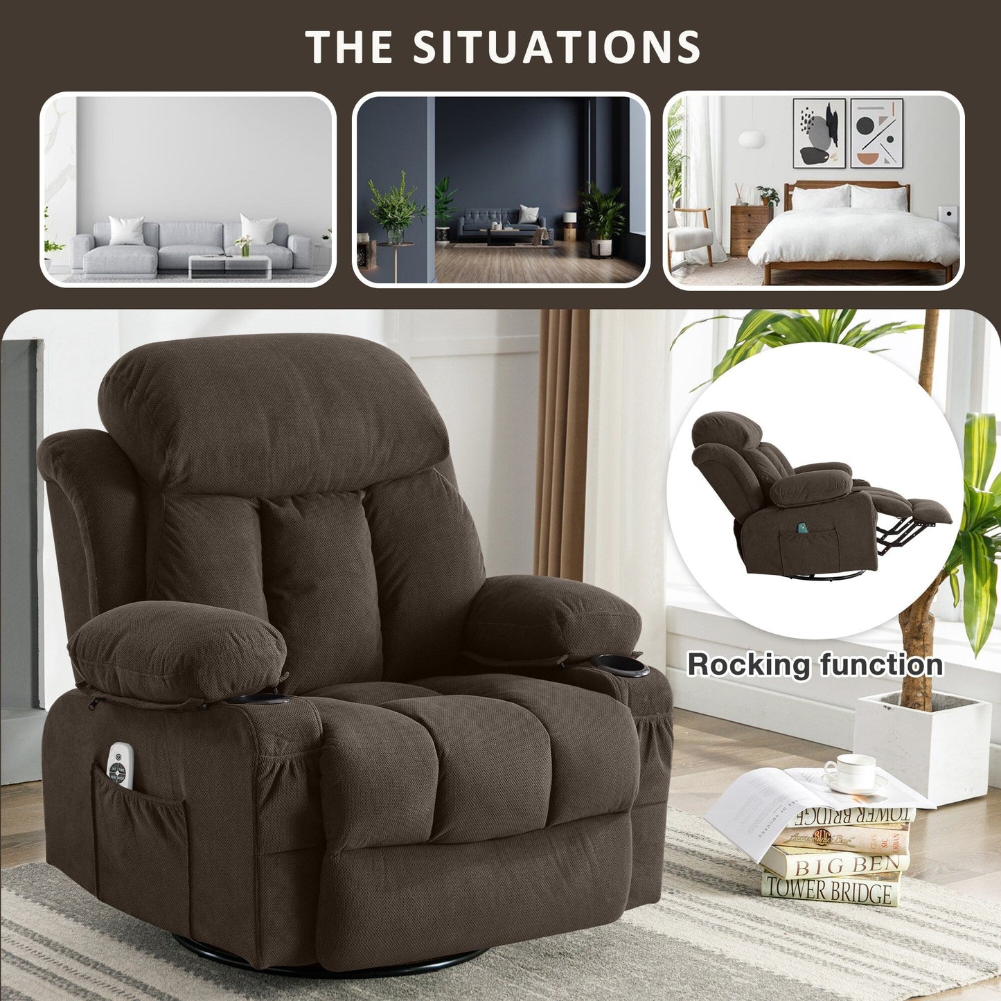 Velvet Massage Heated Sofa with USB and 2 cup Holders, 360° Swivel Chair with Side Pockets and Bread Shaped Armrest