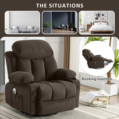 Velvet Massage Heated Sofa with USB and 2 cup Holders, 360° Swivel Chair with Side Pockets and Bread Shaped Armrest