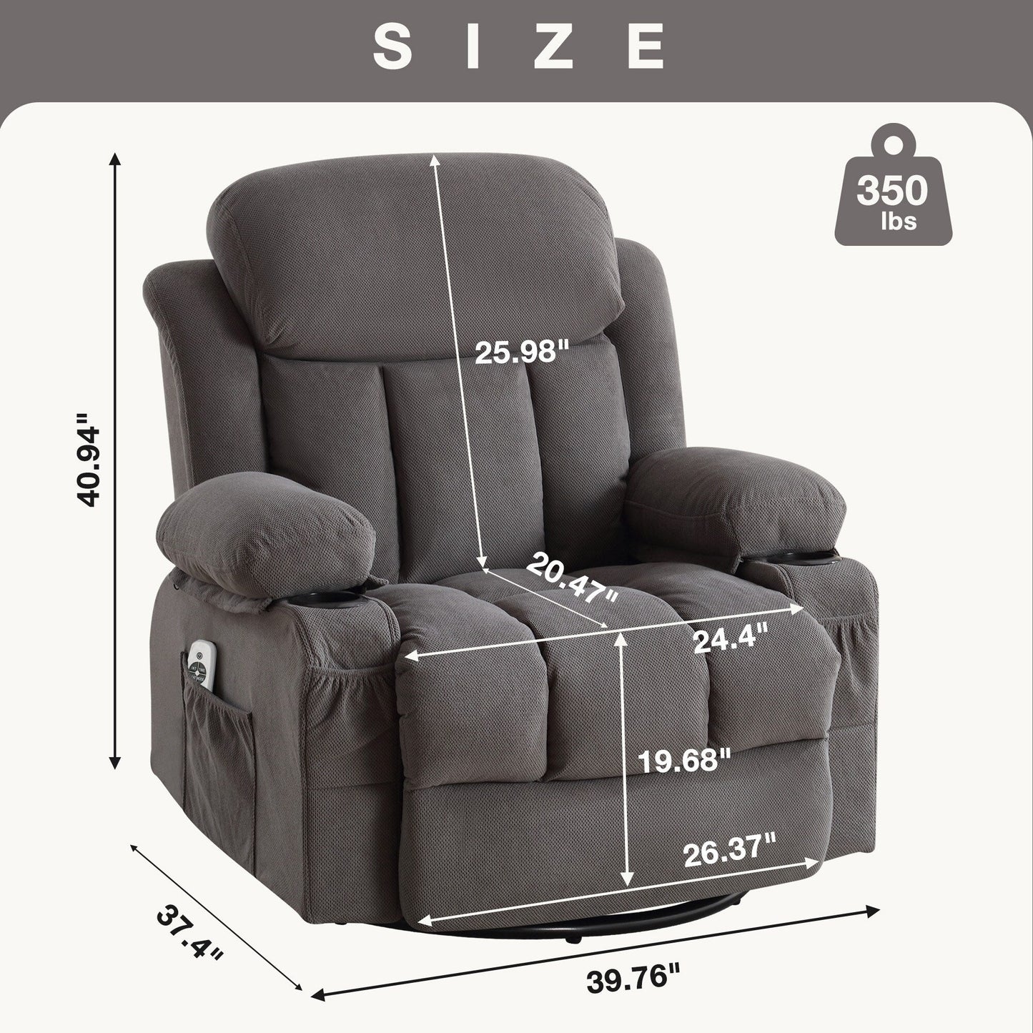 Velvet Massage Heated Sofa with USB and 2 cup Holders, 360° Swivel Chair with Side Pockets and Bread Shaped Armrest
