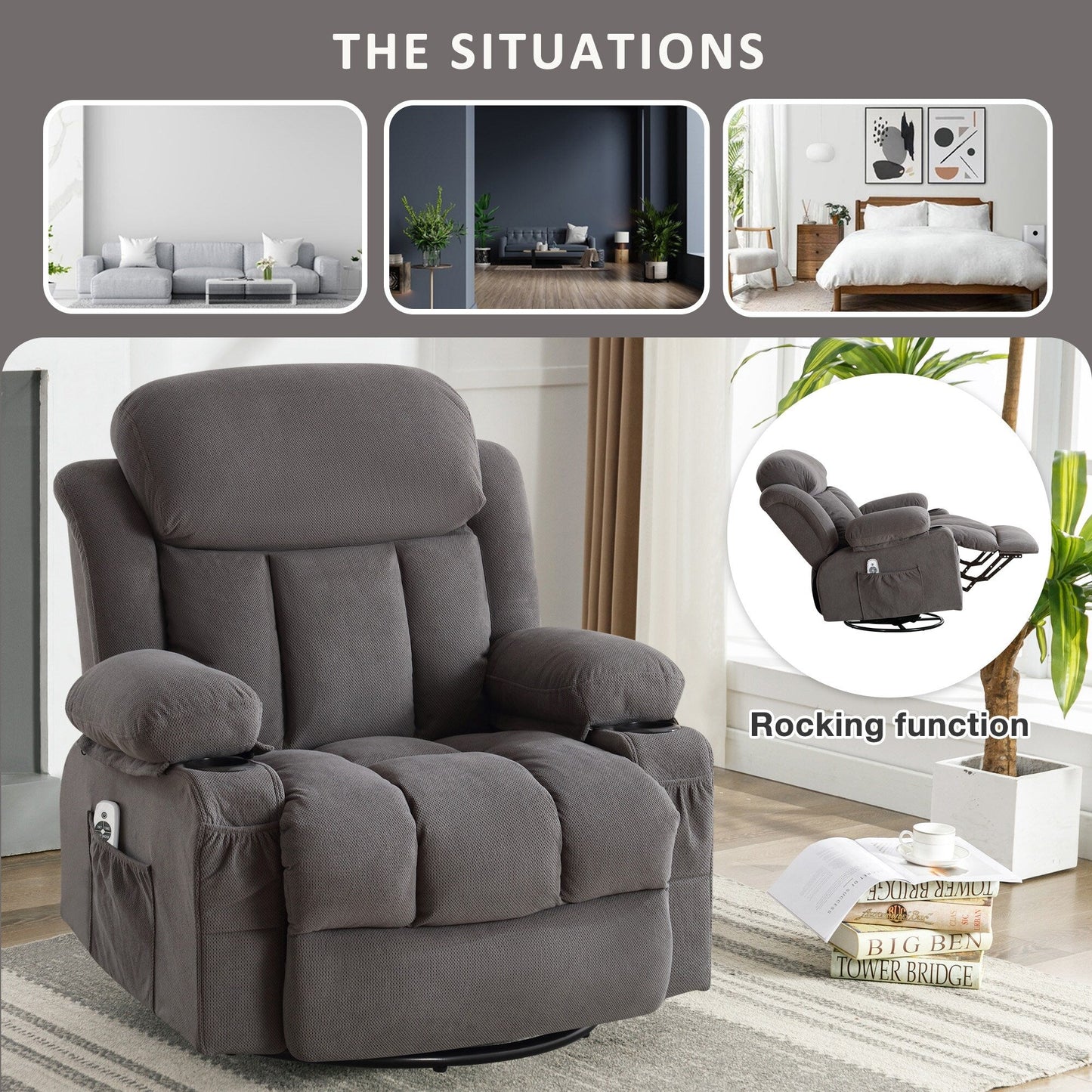 Velvet Massage Heated Sofa with USB and 2 cup Holders, 360° Swivel Chair with Side Pockets and Bread Shaped Armrest