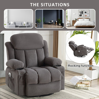 Velvet Massage Heated Sofa with USB and 2 cup Holders, 360° Swivel Chair with Side Pockets and Bread Shaped Armrest
