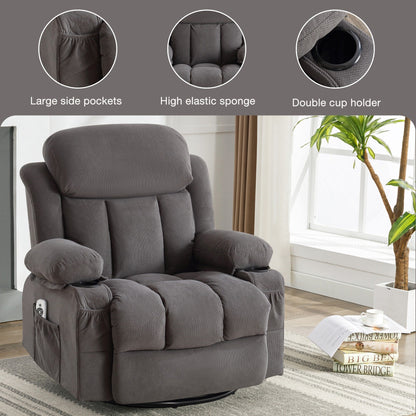 Velvet Massage Heated Sofa with USB and 2 cup Holders, 360° Swivel Chair with Side Pockets and Bread Shaped Armrest