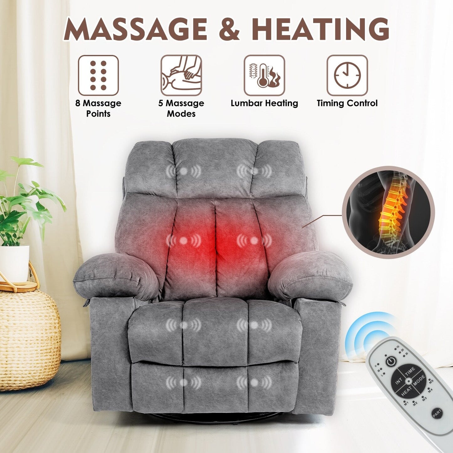 Velvet Massage Recliner Chair with Heat, 360° Swivel Rocker & USB