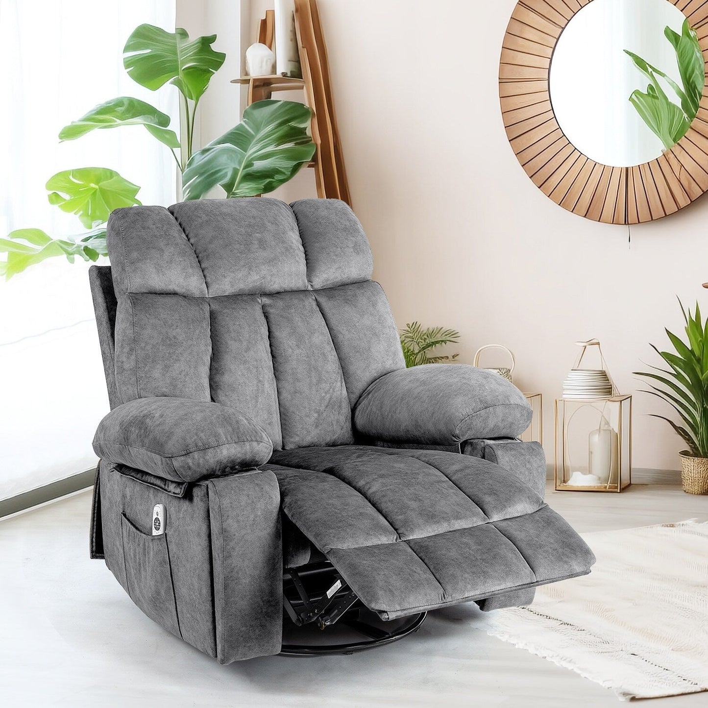 Velvet Massage Recliner Chair with Heat, 360° Swivel Rocker & USB