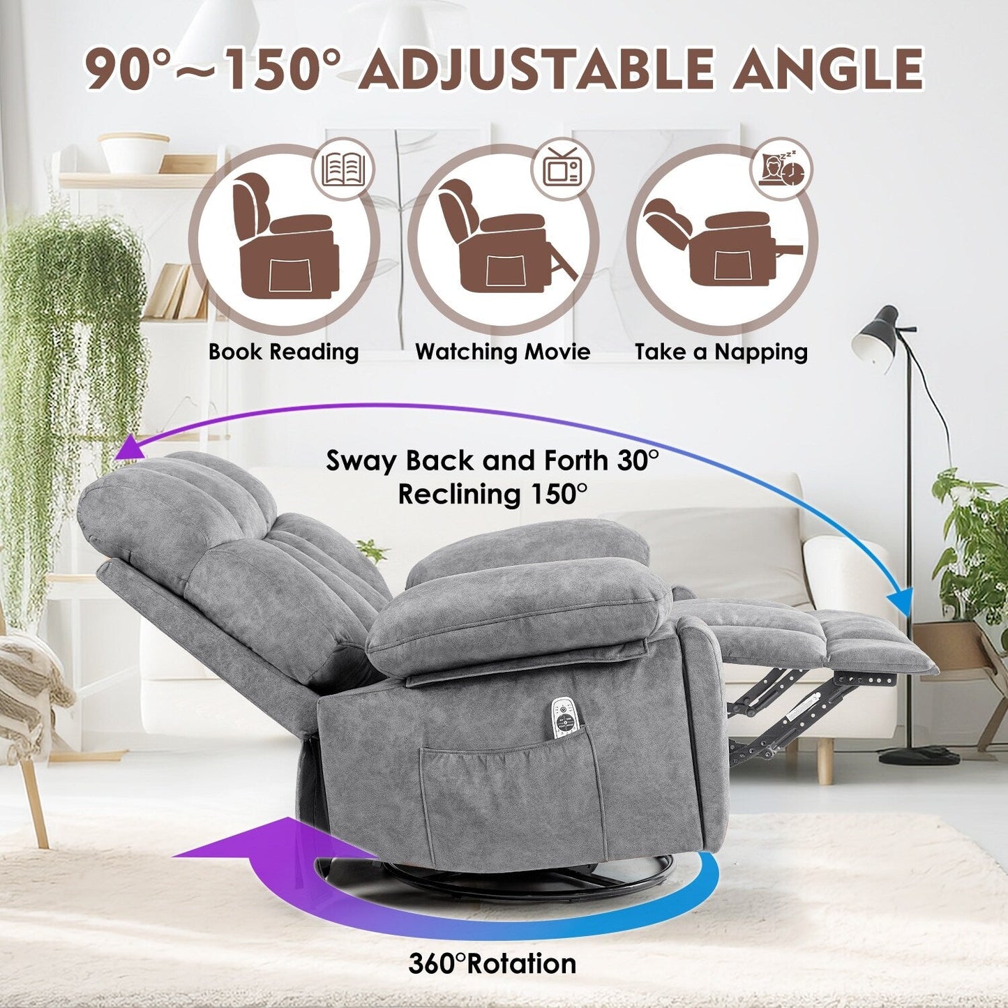 Velvet Massage Recliner Chair with Heat, 360° Swivel Rocker & USB