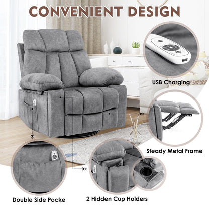 Velvet Massage Recliner Chair with Heat, 360° Swivel Rocker & USB