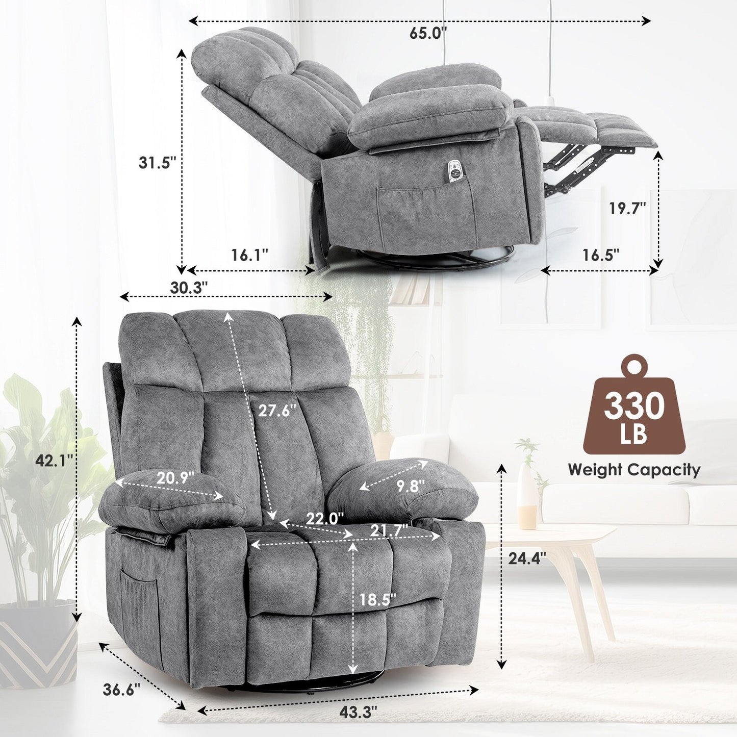 Velvet Massage Recliner Chair with Heat, 360° Swivel Rocker & USB