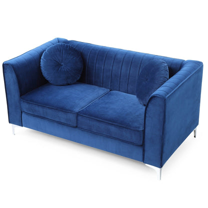 Velvet Microsuede Channel Tufted Loveseat with Throw Pillows - 65 - Blue