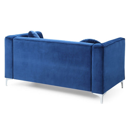 Velvet Microsuede Channel Tufted Loveseat with Throw Pillows - 65 - Blue