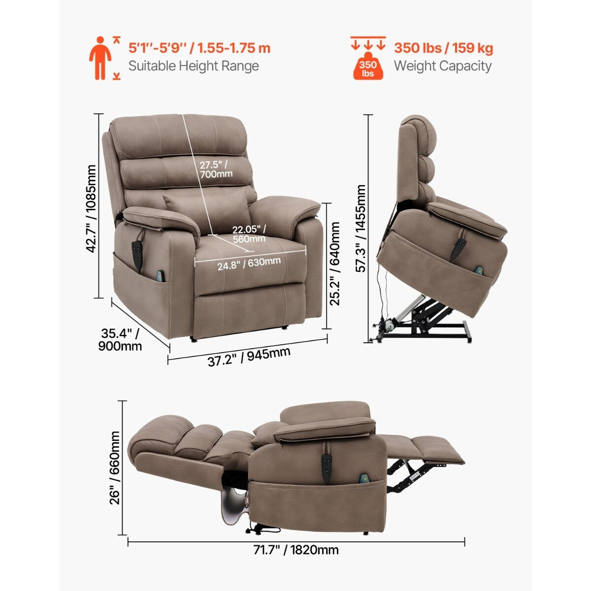 Velvet Power Lift Recliner, Dual-Motor, Heat, Massage & Wireless Charger