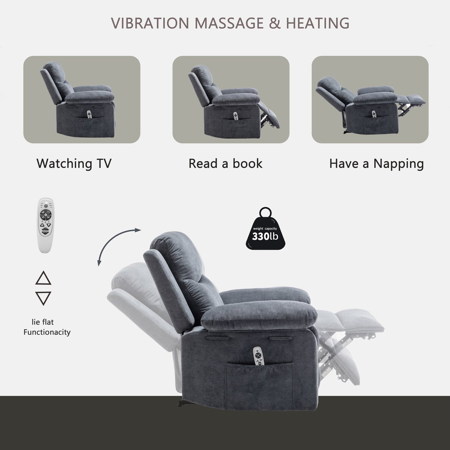 Velvet Power Recliner Chair with Massage and Heating System