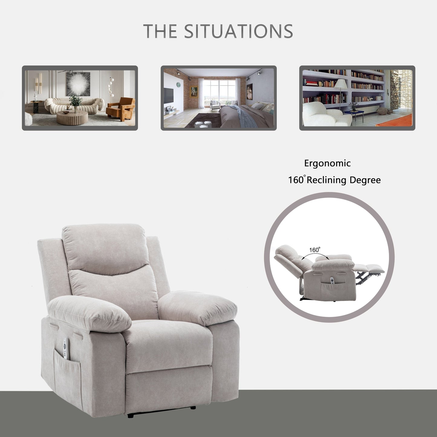 Velvet Power Recliner Chair with Massage and Heating System