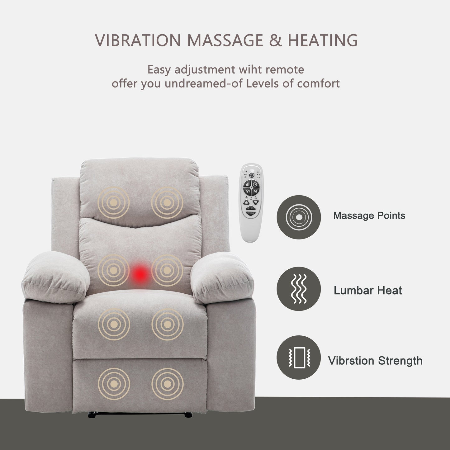 Velvet Power Recliner Chair with Massage and Heating System