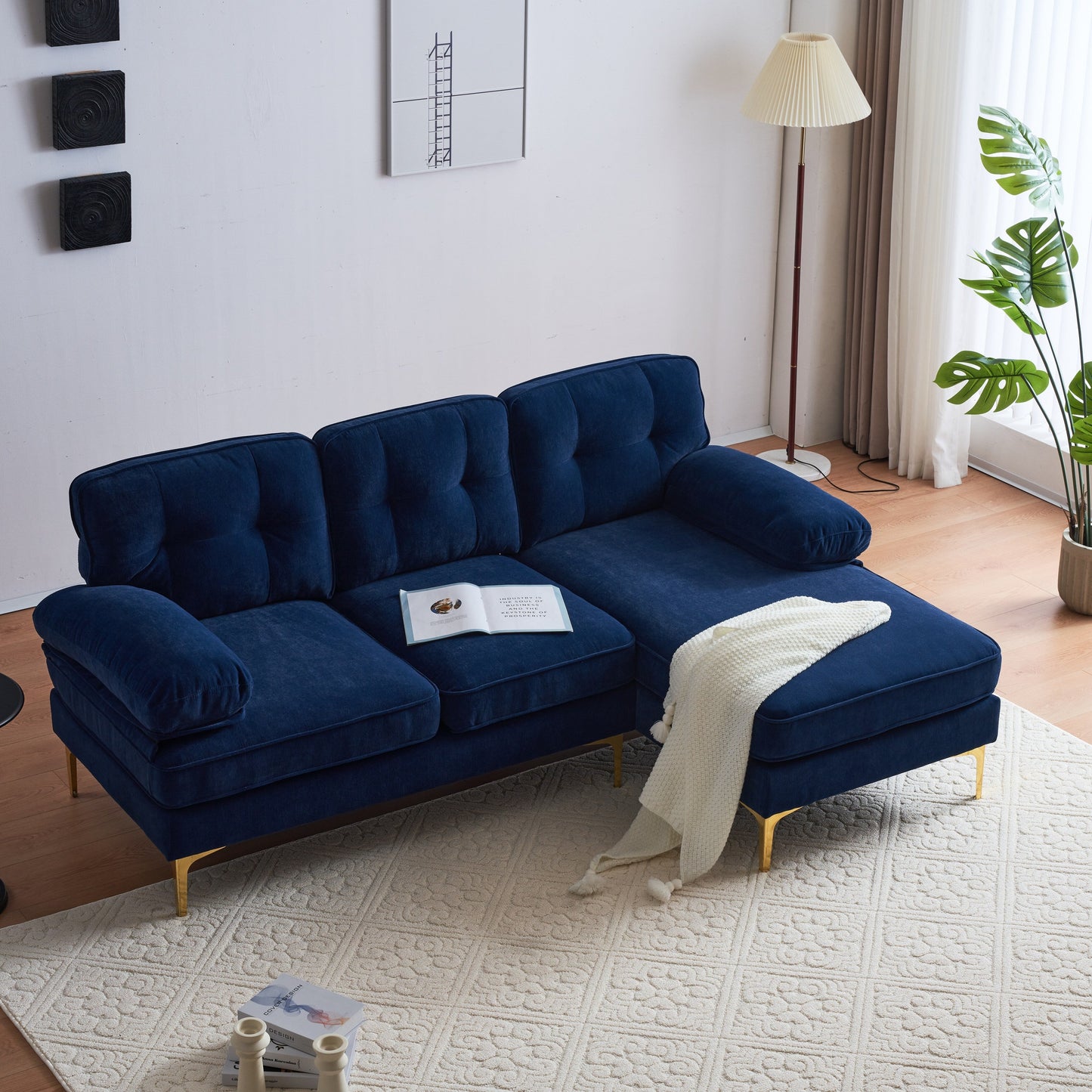 Velvet Sectional Sofas Couches with Pillow Top Arms and Upholstered Backrest, Modern L-Shaped Couches with Metal Legs