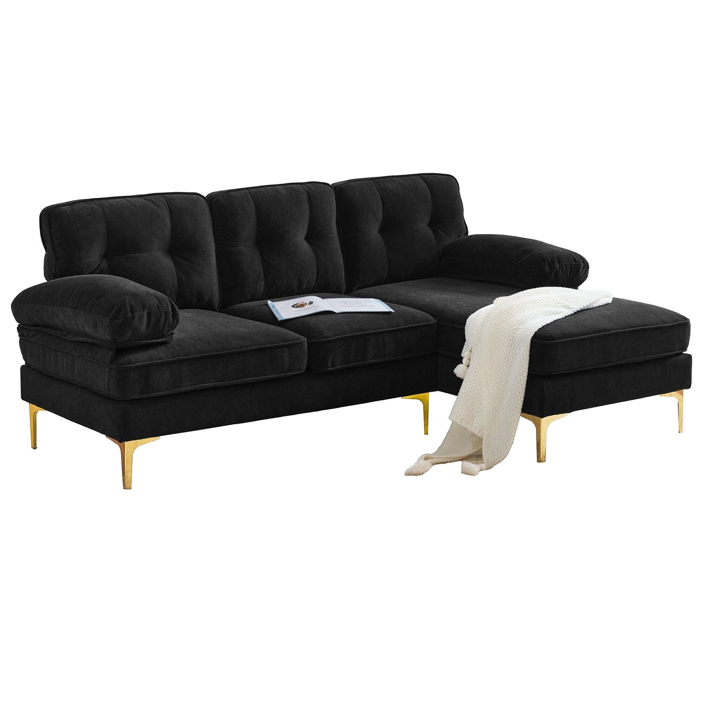 Velvet Sectional Sofas Couches with Pillow Top Arms and Upholstered Backrest, Modern L-Shaped Couches with Metal Legs