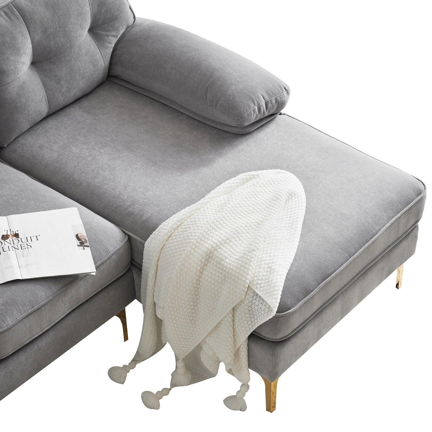 Velvet Sectional Sofas Couches with Pillow Top Arms and Upholstered Backrest, Modern L-Shaped Couches with Metal Legs