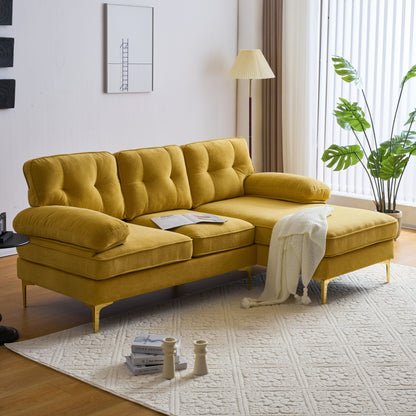Velvet Sectional Sofas Couches with Pillow Top Arms and Upholstered Backrest, Modern L-Shaped Couches with Metal Legs