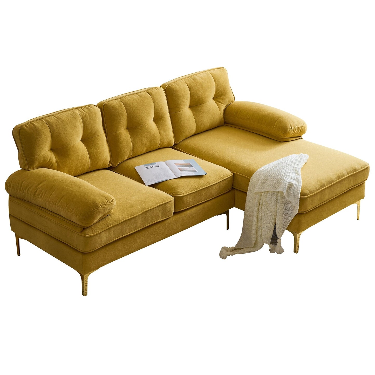 Velvet Sectional Sofas Couches with Pillow Top Arms and Upholstered Backrest, Modern L-Shaped Couches with Metal Legs