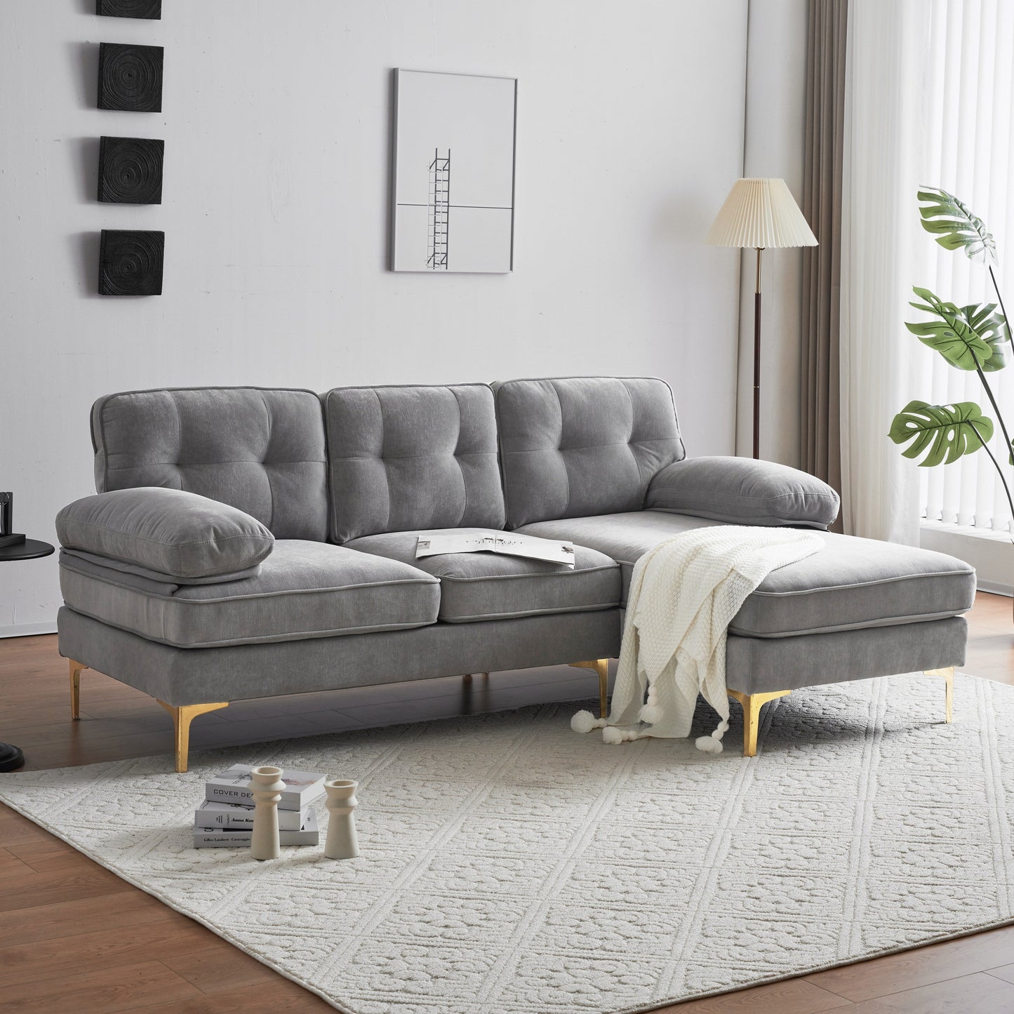 Velvet Sectional Sofas Couches with Pillow Top Arms and Upholstered Backrest, Modern L-Shaped Couches with Metal Legs