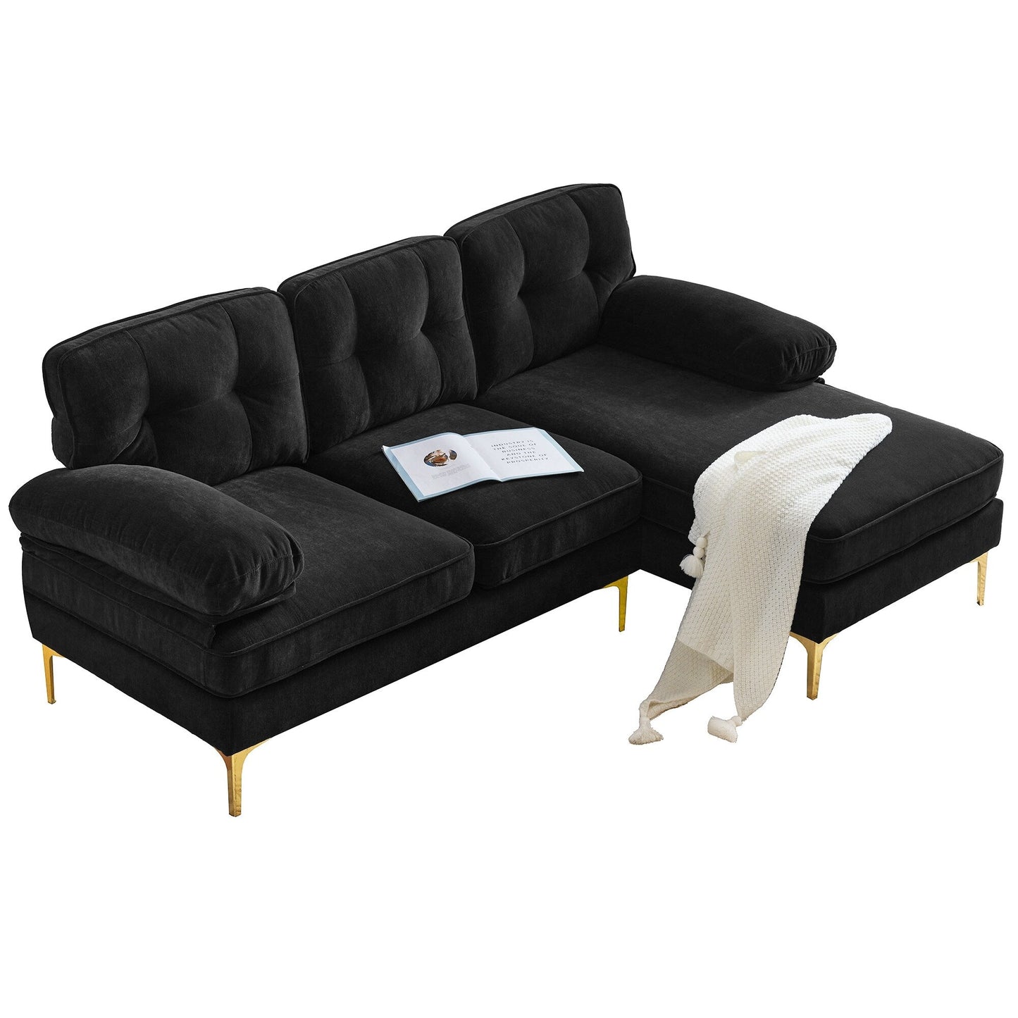 Velvet Sectional Sofas Couches with Pillow Top Arms and Upholstered Backrest, Modern L-Shaped Couches with Metal Legs