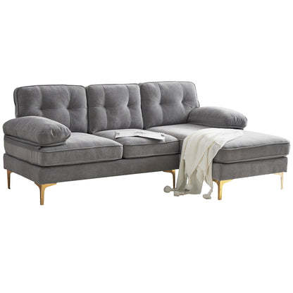 Velvet Sectional Sofas Couches with Pillow Top Arms and Upholstered Backrest, Modern L-Shaped Couches with Metal Legs