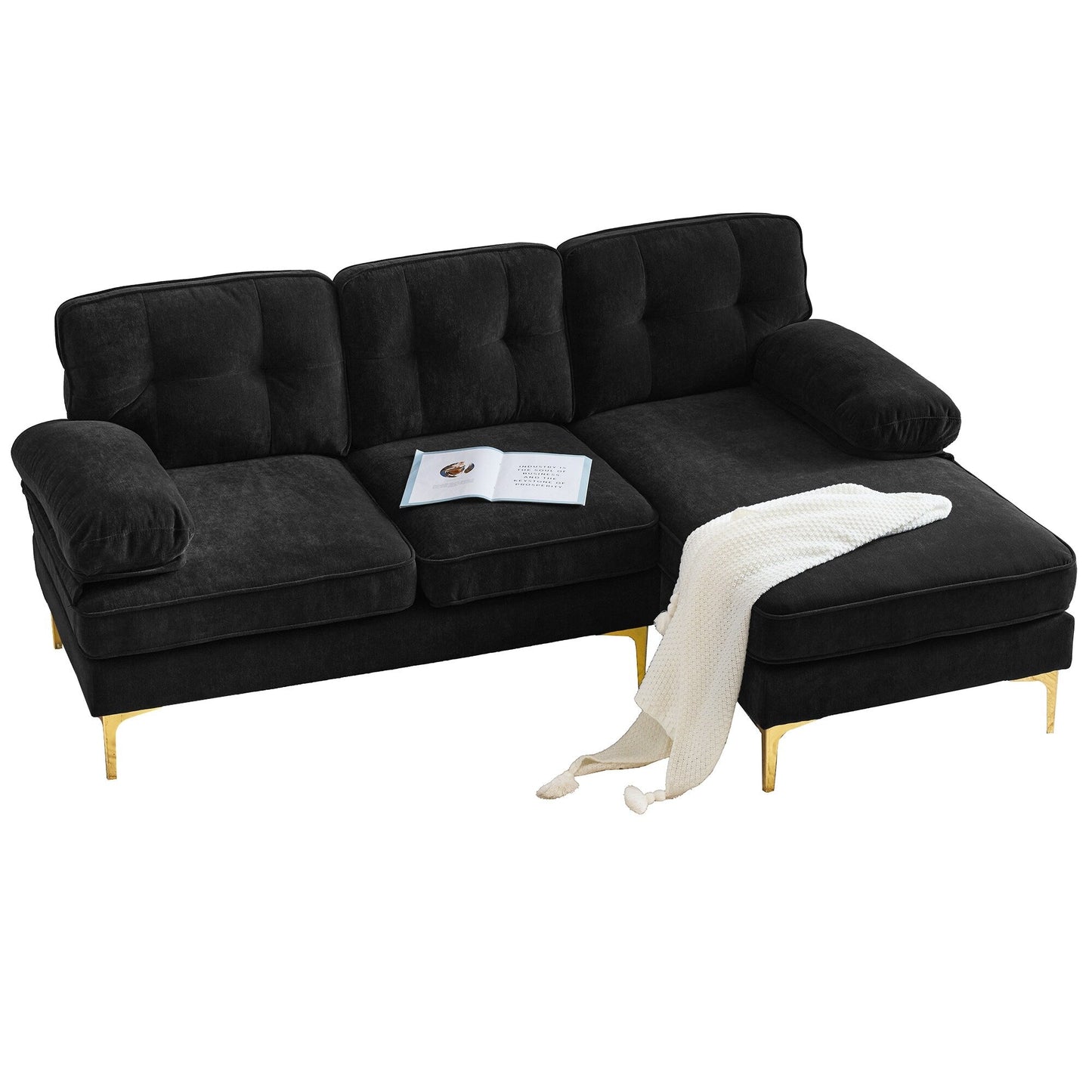 Velvet Sectional Sofas Couches with Pillow Top Arms and Upholstered Backrest, Modern L-Shaped Couches with Metal Legs