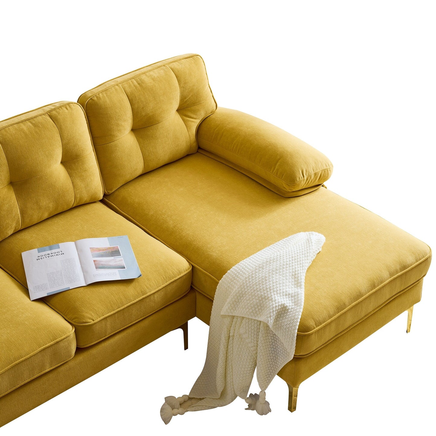 Velvet Sectional Sofas Couches with Pillow Top Arms and Upholstered Backrest, Modern L-Shaped Couches with Metal Legs