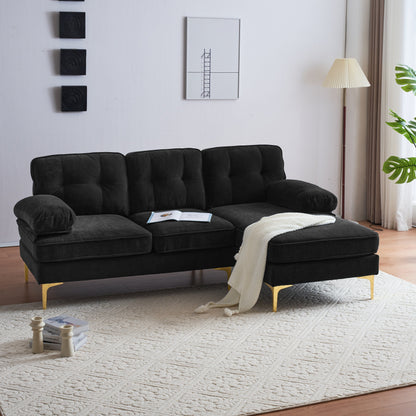 Velvet Sectional Sofas Couches with Pillow Top Arms and Upholstered Backrest, Modern L-Shaped Couches with Metal Legs